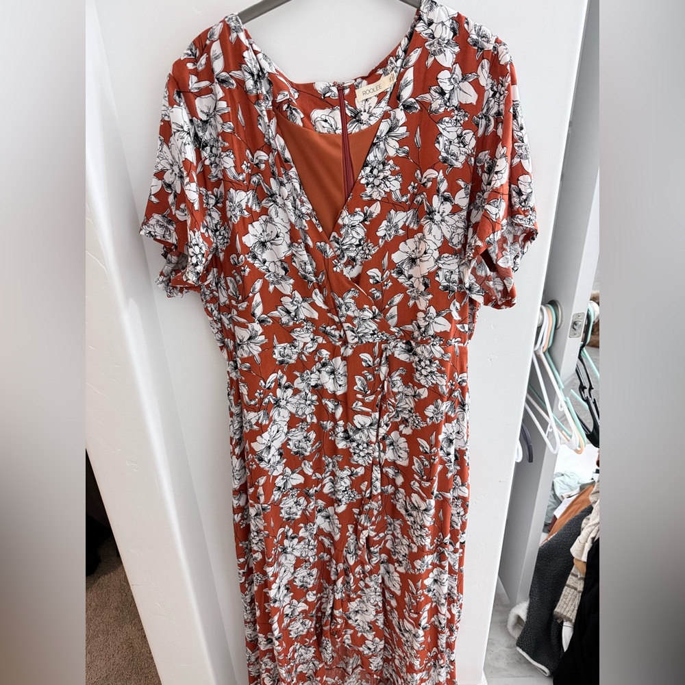 Roolee Floral Wrap Dress in Rust and White